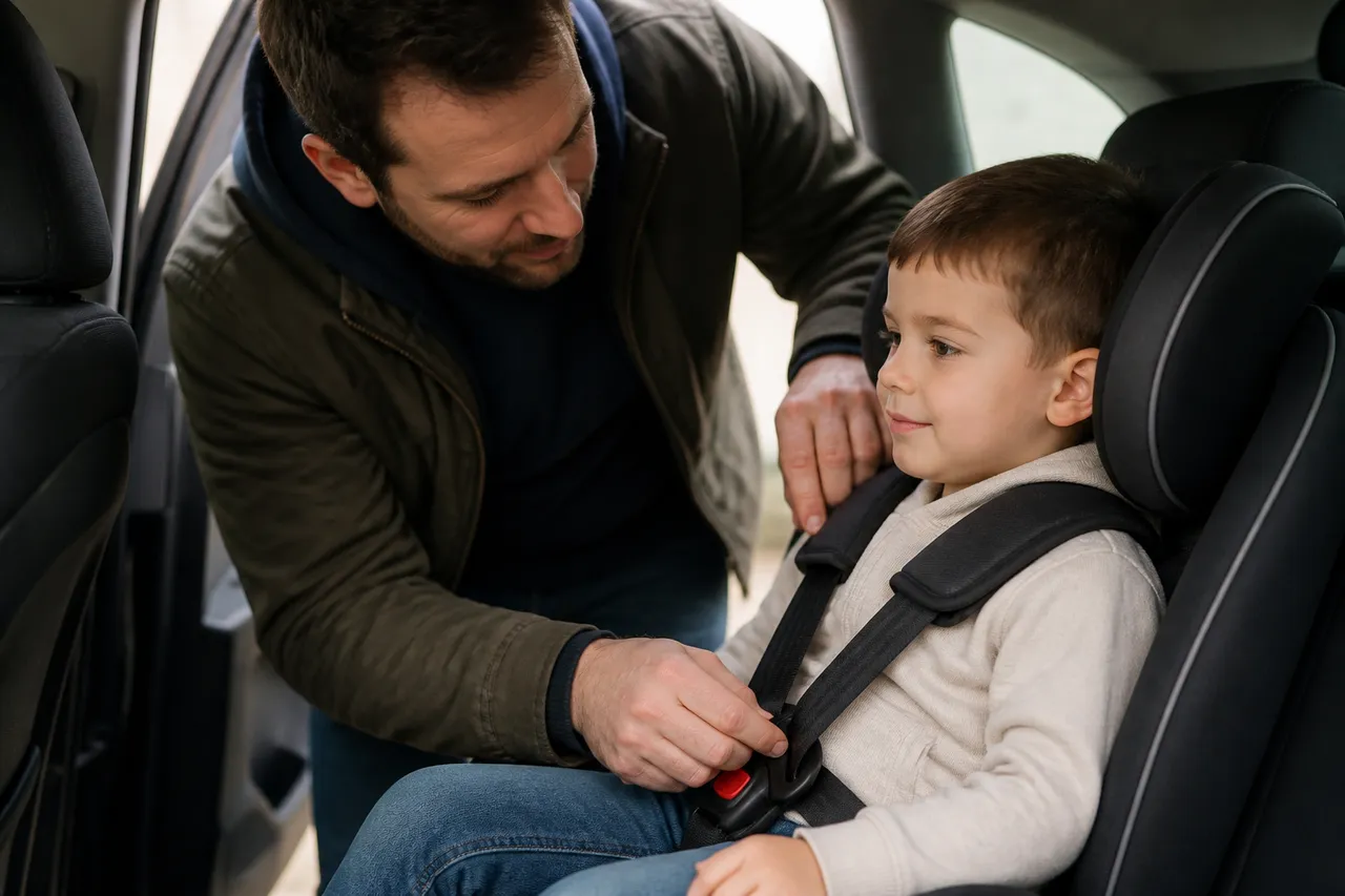 copil care desface centura scaunului auto și verificarea hamului