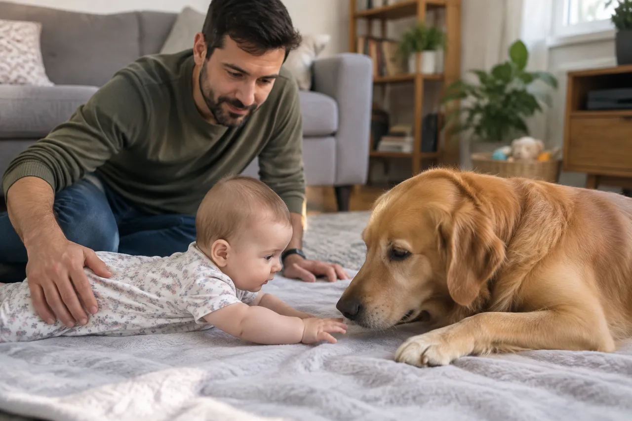 contact sigur între bebeluș și animal de companie