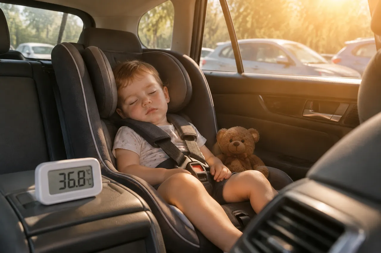 temperatură ridicată în mașina parcată și copil în scaun auto